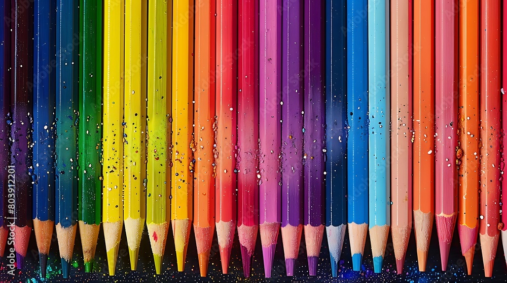 Set of vibrant colored pencils arranged in a rainbow spectrum, ideal for artistic expression and coloring.