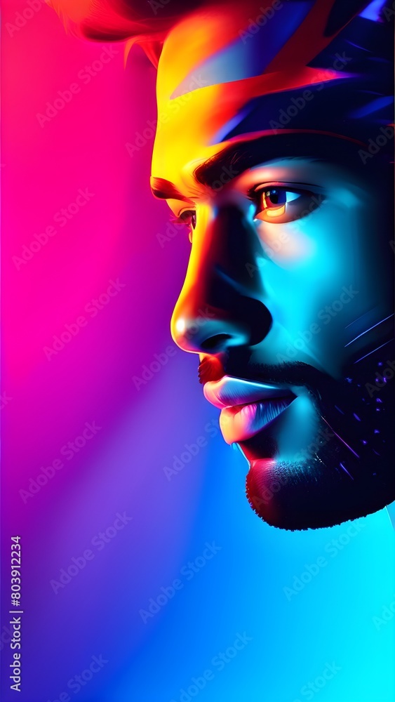Abstract digital painting of a mans face in vibrant neon color
