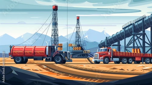 Industrial might at the oilfield with rigs and trucks photo
