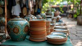 Artful Market Scene: Vibrant Dishes and Ceramics