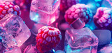 Frozen raspberries with ice. Background with healthy food.