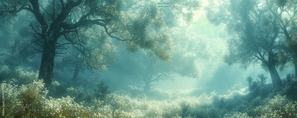 Mysterious forest in the morning mist. Panoramic image