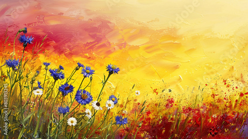 Oil painting of cornflowers and daisies under a yellow and red sky, creating a summer scene. photo