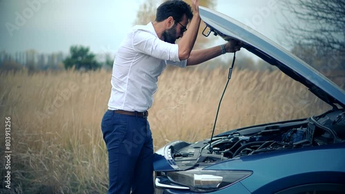 Man checking malfunction under hood of car	 photo