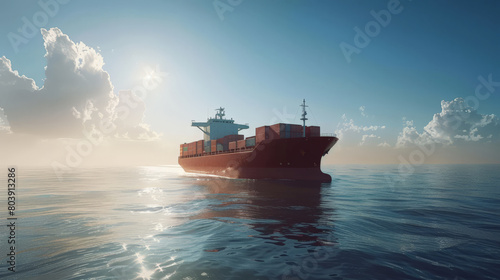 Container ship moves out to sea with sunset lighting the sky 