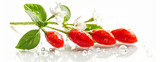 Fresh red goji berries  with leaves and flowers isolated on a white background.