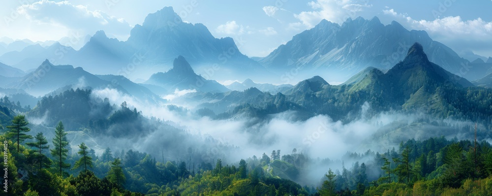 Panoramic view of the mountain range in the morning fog.