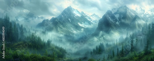 Panoramic view of the mountain range in the morning fog.