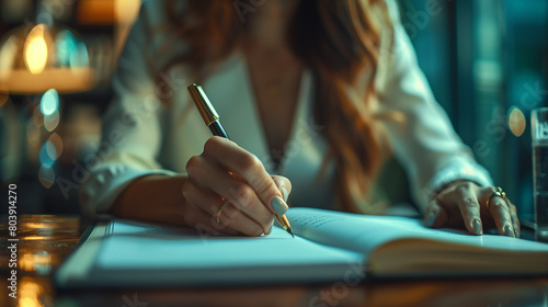 Hand moves smoothly across the page, writing process reflects the woman's dedication to her work