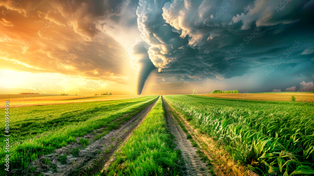 Fototapeta premium A tornado, gray clouds, a field and rural house. Landscape with storm.