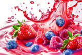 Berries drink with strawberry, blueberry and raspberry in splashing fresh juice .