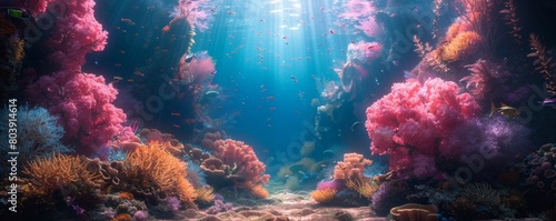 Underwater view of coral reef and tropical fish. 3d rendering