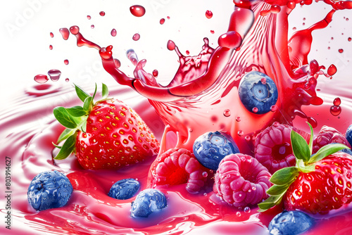 Berries drink with strawberry, blueberry and raspberry in splashing fresh juice . © bit24