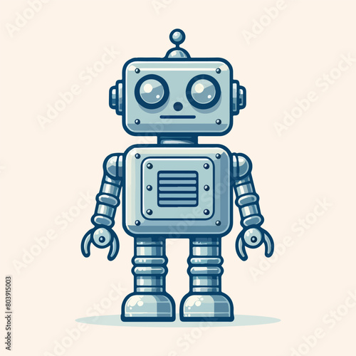 Vector illustration of a whimsical, retro-style robot with friendly face featuring two eyes and a pair of antennas. Perfect for children books, nostalgic projects, and science fiction themes.