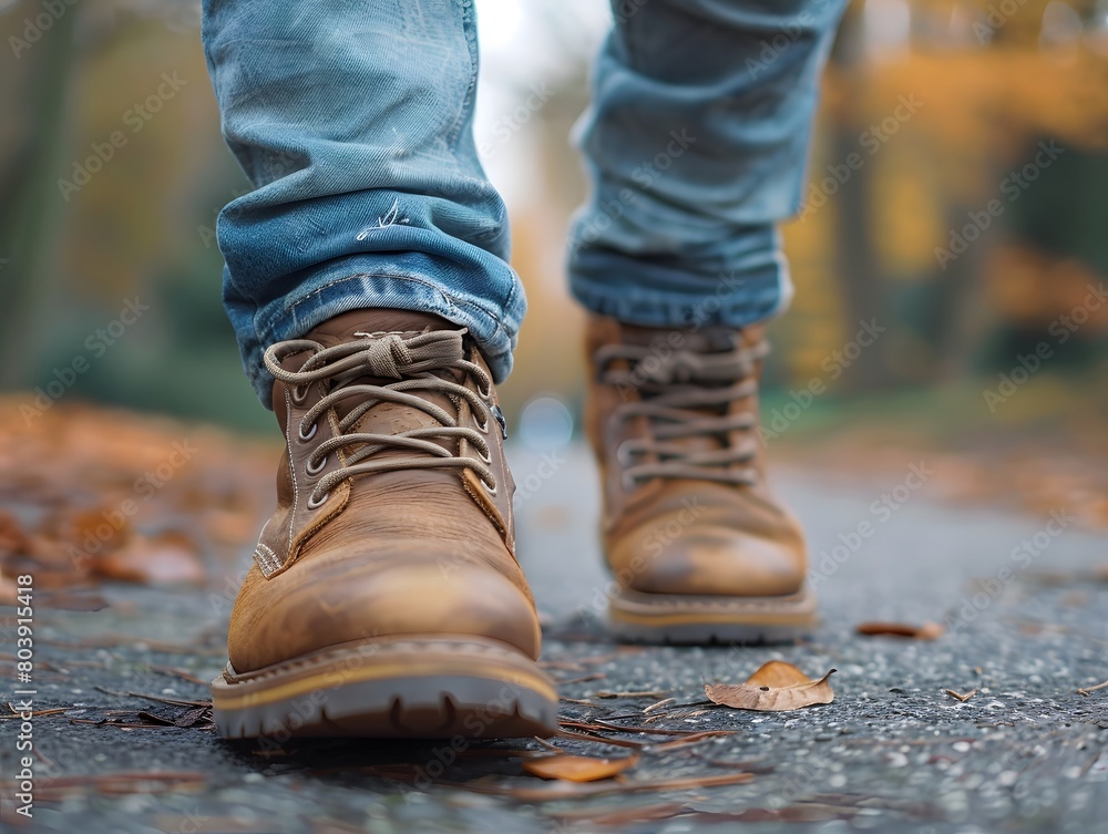 Close-up of a person wearing leather shoes and old jeans walking alone on the sidewalk. Suitable for the concept of unemployment, going on adventures, independence, Finding myself, seeking experience. Close-up of a person wearing leather shoes and old jeans walking alone on the sidewalk. Suitable for the concept of unemployment, going on adventures, independence, Finding myself, seeking experience.