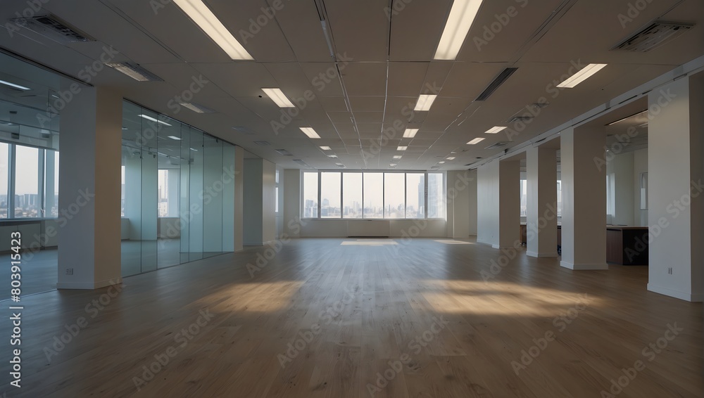 Blurred empty open space office. Abstract light bokeh at office interior background for design