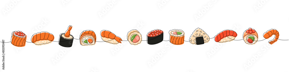 Sushi foods collection. Japanese traditional food one line drawing. Ikura sushi, tobiko maki, sake nigiri, philadelphia roll, futomaki, onigiri Sushi foods collection. Japanese traditional food one line drawing. Ikura sushi, tobiko maki, sake nigiri, philadelphia roll, futomaki, onigiri