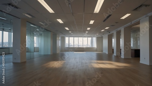 Blurred empty open space office. Abstract light bokeh at office interior background for design