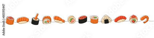 Sushi foods collection. Japanese traditional food one line drawing. Ikura sushi, tobiko maki, sake nigiri, philadelphia roll, futomaki, onigiri