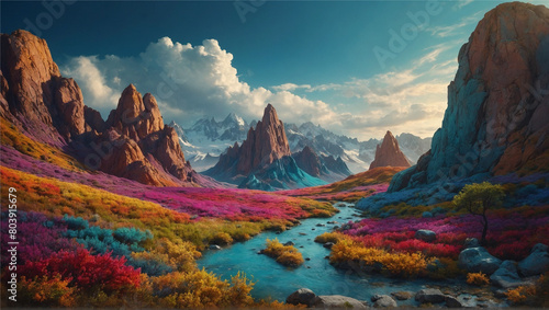 A creative and imaginative rendering of a colorful landscape, with a mix of realistic, Generative AI