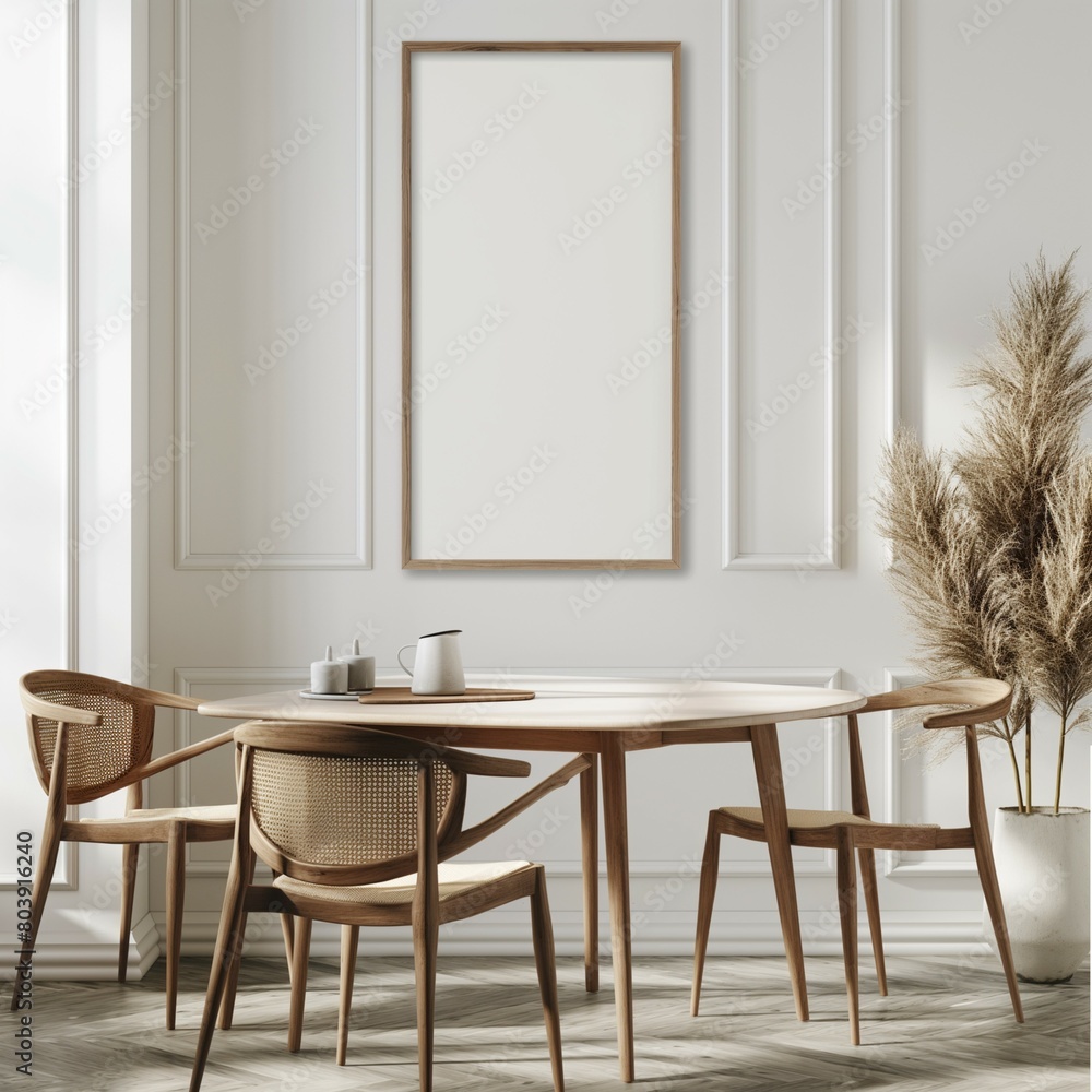 Frame mockup. Wooden dining table and chairs with white wall in the background. Modern dining room home interior, 3d render, Frame mockup. Wooden dining table and chairs with white wall in the background. Modern dining room home interior, 3d render,