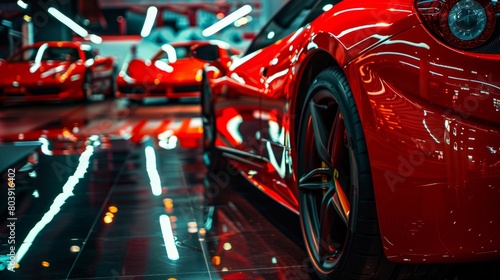 A red sports car is parked inside a garage with a shiny finish