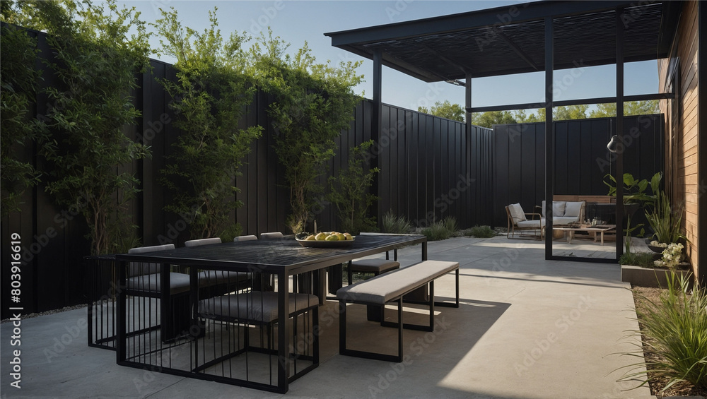 A modern backyard oasis featuring a sleek metal table, Generative AI A modern backyard oasis featuring a sleek metal table, Generative AI