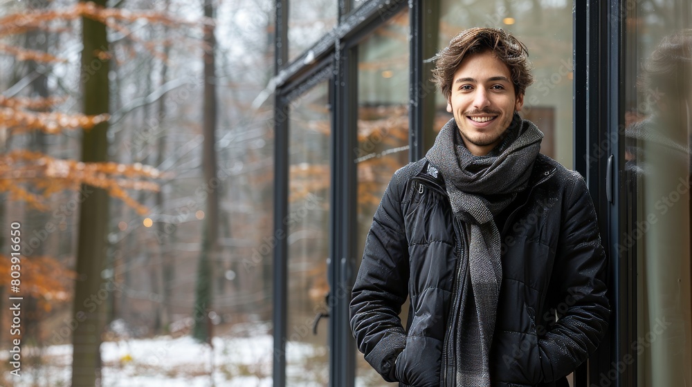 Confident american real estate agent outside modern home, ready to assist potential house buyers Confident american real estate agent outside modern home, ready to assist potential house buyers