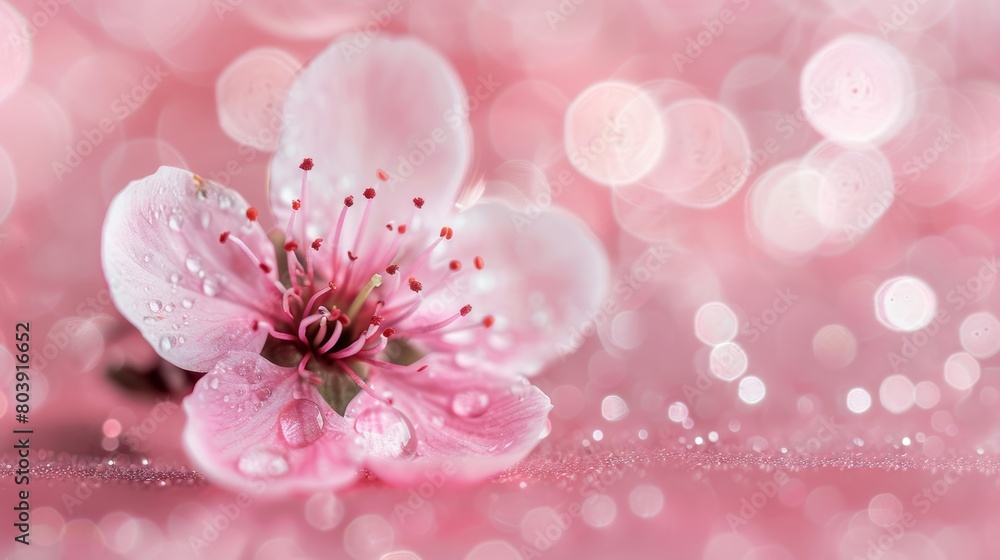 Close-up of a pink cherry blossom flower covered in water droplets on a wooden table