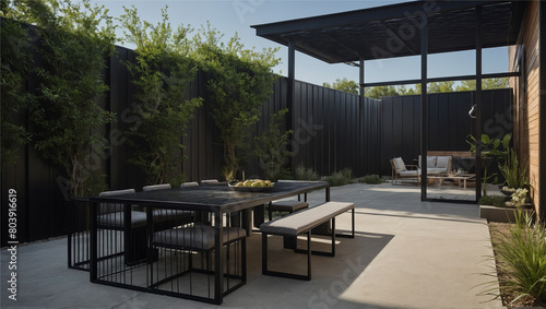 A modern backyard oasis featuring a sleek metal table, Generative AI