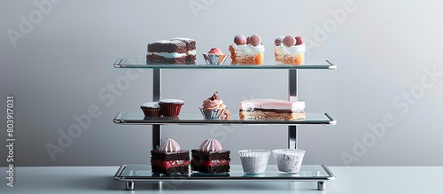  A minimalist three-step empty sweet stand, with sleek metal tiers and glass surfaces, offering a contemporary and elegant display for presenting gourmet desserts, showcased in flawless ultra HD photo
