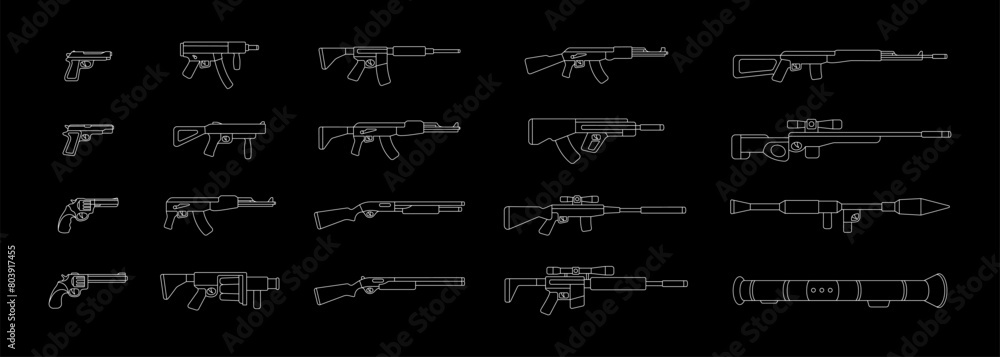 Fototapeta premium Various weapons. Military weapons silhouettes. Tactical assault rifles, smoothbore guns, AK 47, sniper rifles, anti-tank grenade launchers.
