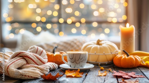 A cup of coffee is placed on a wooden table adorned with autumn decorations © red_orange_stock