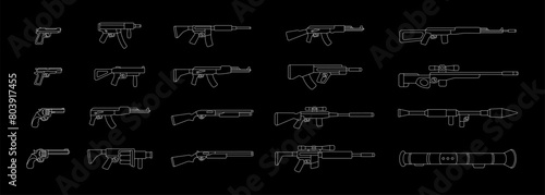 Various weapons. Military weapons silhouettes. Tactical assault rifles, smoothbore guns, AK 47, sniper rifles, anti-tank grenade launchers.