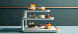 A sleek and modern three-step empty sweet stand, with clean lines and minimalist design, providing a sophisticated backdrop for showcasing an assortment of delectable desserts, depicted.