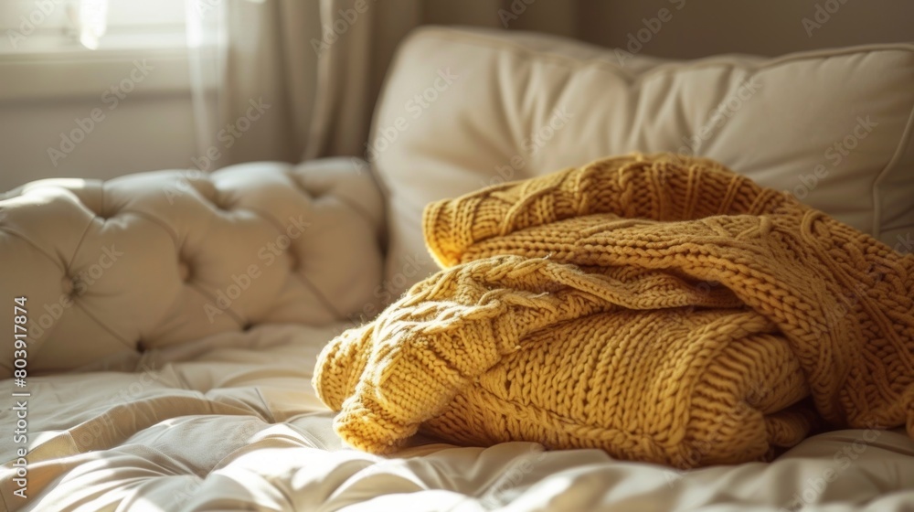 A cozy yellow blanket laid on a bed with a window in the background A cozy yellow blanket laid on a bed with a window in the background