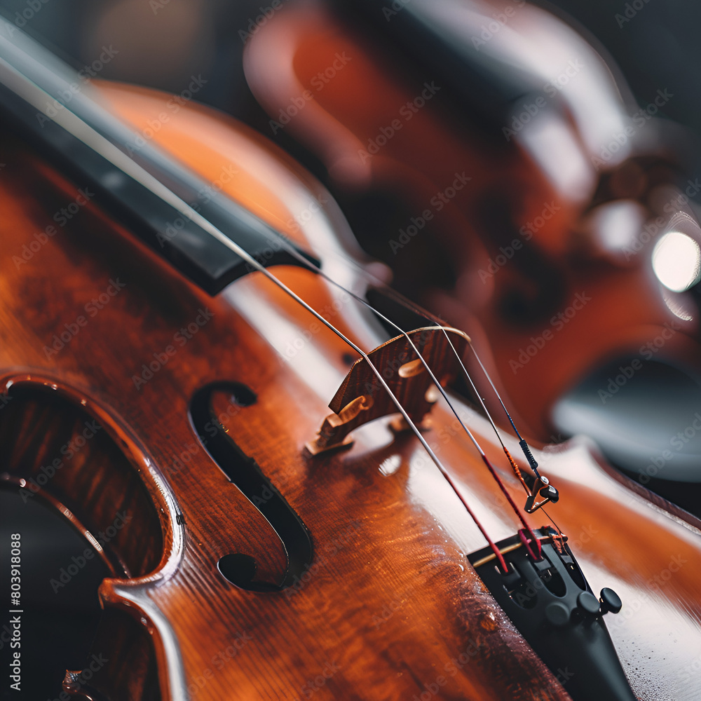 Fototapeta premium violin and bow, violin, ambience classic musical instrument, violin orchestra stock image, close-up violin music image background concept