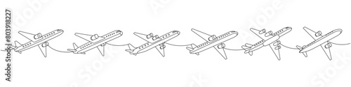 Plane set. Air transport one line continuous drawing. Passenger airplanes continuous one line illustration. Vector minimalist linear illustration