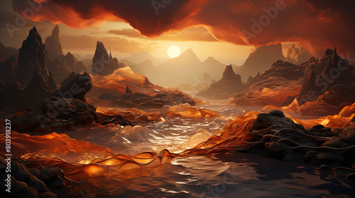 Mountainous Landscape with Trails Winding through Them Reddish Background