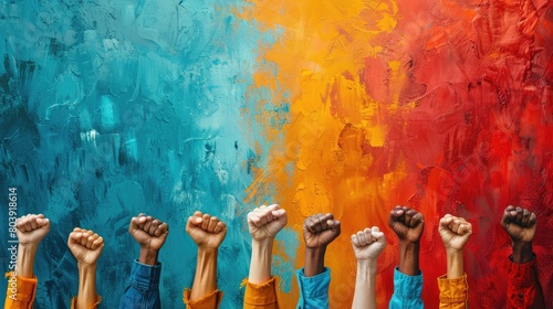 Close up of hands of people raising clenched fists against colorful painted wall. Human rights concept.