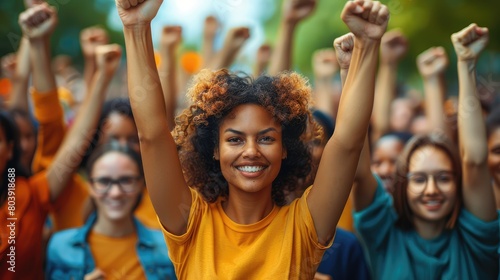 Cheerful Afro-American woman with raised hands in front of crowd.