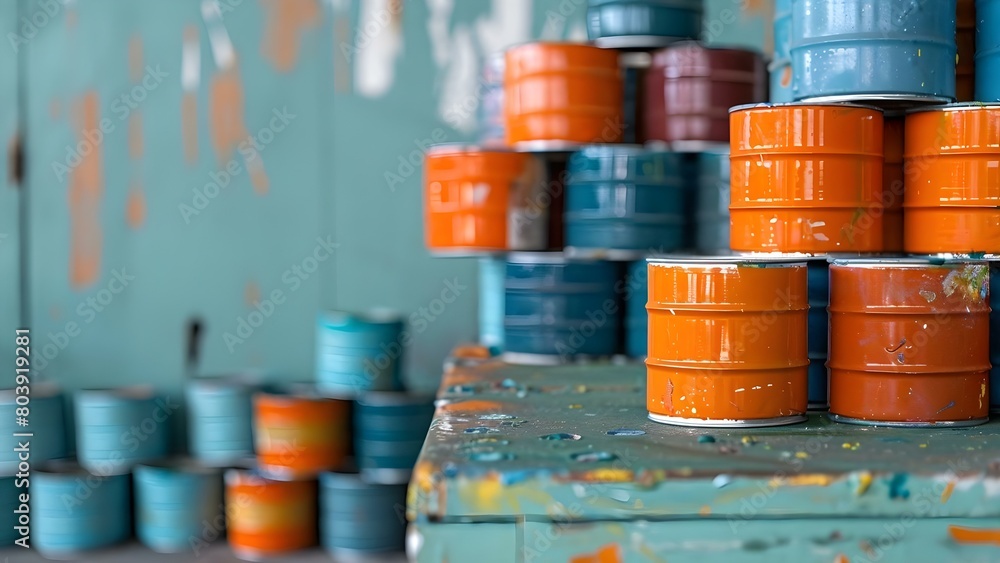 Stacked colorful paint cans on green surface with oranges and blues ...