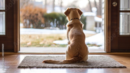 A dog sits on a rug, gazing out the open doorway photo