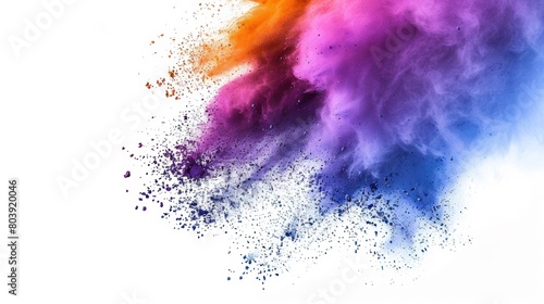 Explosion of dynamic blue  purple  and orange powder on a white background