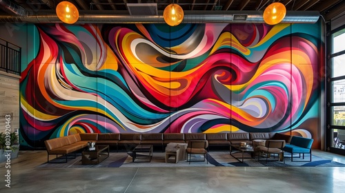 A chic  urban wall featuring a large-scale  graffiti-inspired mural  its vibrant colors and bold lines bringing the energy and creativity of street art indoors. 32k  full ultra hd  high resolution