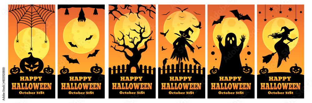 Halloween posters set with funny characters. 31 October backgrounds.