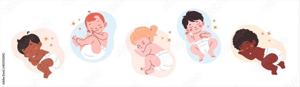 Sleeping babies poses set. Newborns have a dreams collection. Resting infants in diaper on white background. Sleeping babies poses set. Newborns have a dreams collection. Resting infants in diaper on white background.