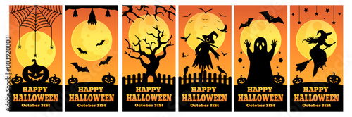 Halloween posters set with funny characters. 31 October backgrounds.