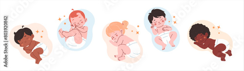 Sleeping babies poses set. Newborns have a dreams collection. Resting infants in diaper on white background. 