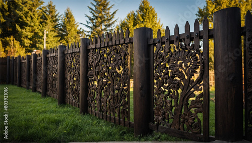 A wooden fence stands tall in the backyard, Generative AI